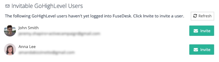 Invitable GoHighLevel Users in FuseDesk