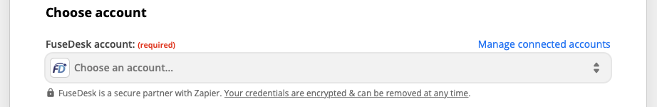 Choose a FuseDesk account in Zapier