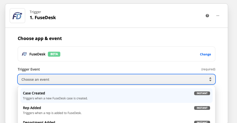 Setting a Zapier Trigger Event for FuseDesk